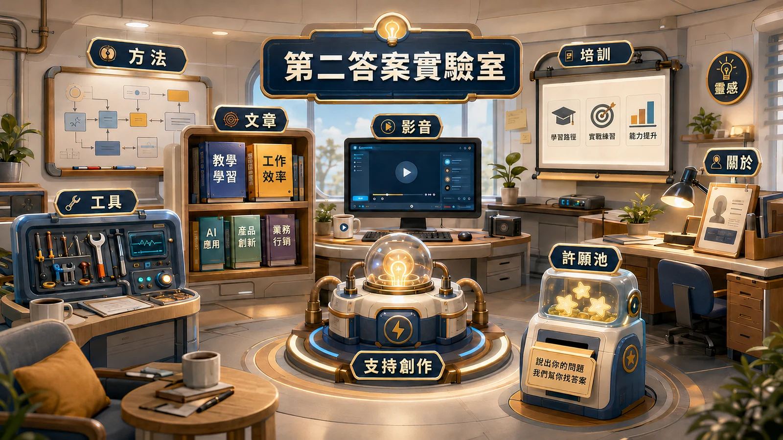 第二答案實驗室創作空間，包含方法、文章、工具、影音、培訓、關於、許願池、支持創作與靈感入口