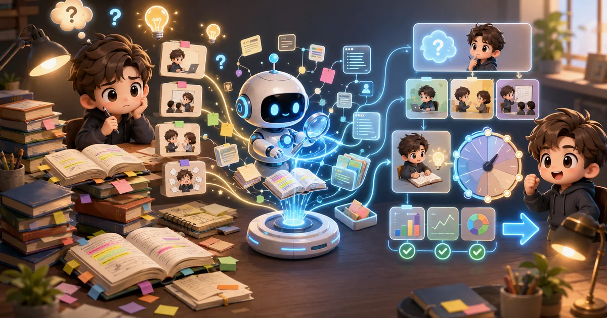 AI 小助手掃描書籍、筆記與燈泡靈感，整理成新的問題、應用情境、測試任務、七天時鐘與下一步箭頭