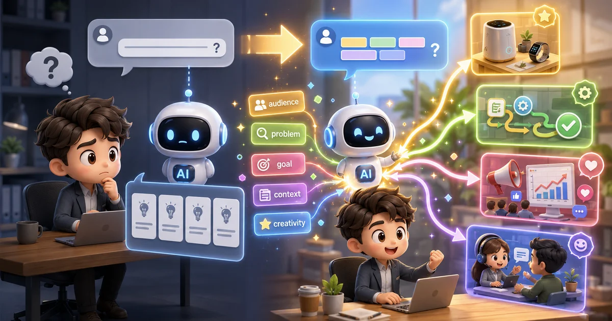 使用者向 AI 提出普通問題後只得到相似答案，改變問題中的關鍵用字後，AI 協助展開多條不同創意路徑